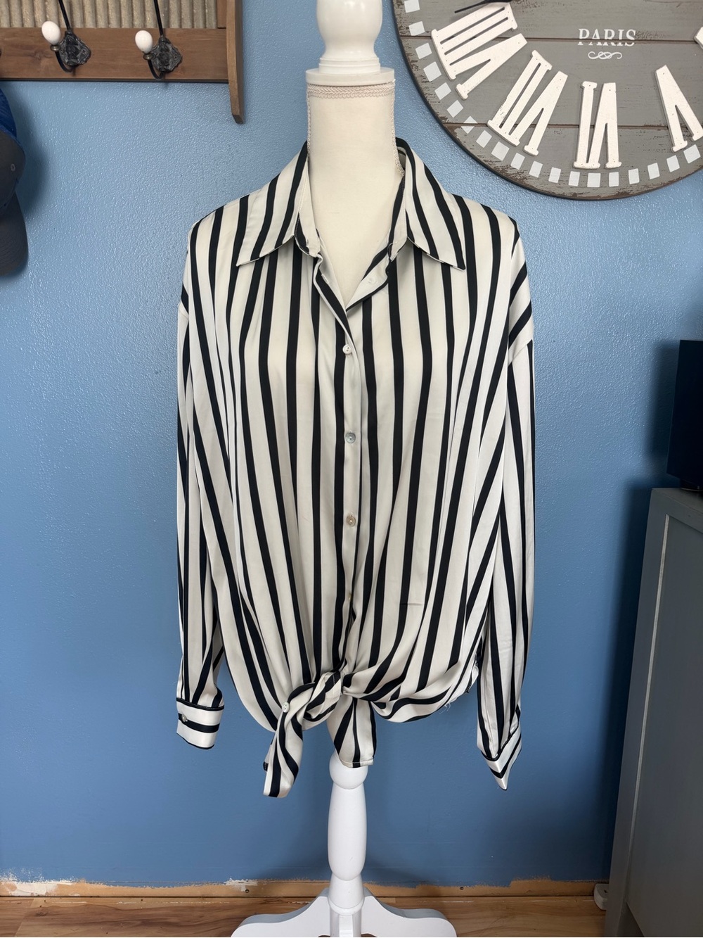 Vine & Love Black and White Vertical Stripe Tie-Front Button Down